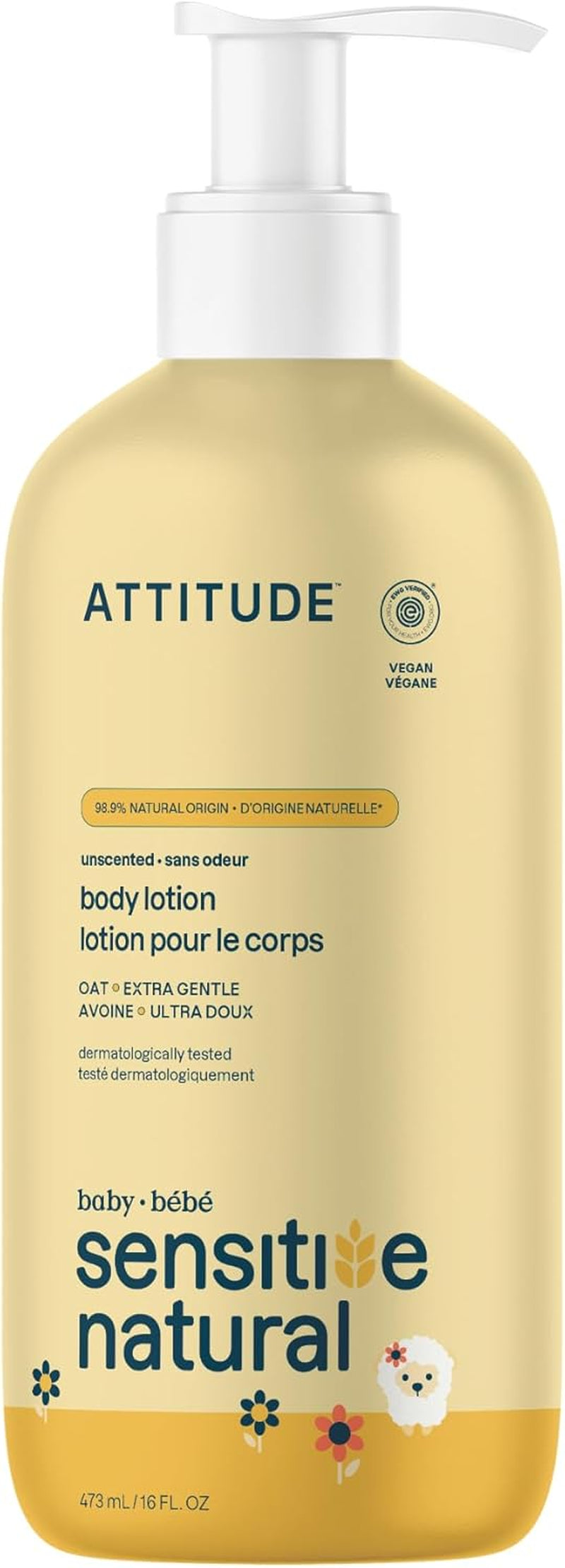 Body Lotion for Baby with Sensitive Skin, Made in Canada, EWG Verified, Plant and Mineral-Based Ingredients, Vegan, Enriched with Oat, Unscented, 473 Ml