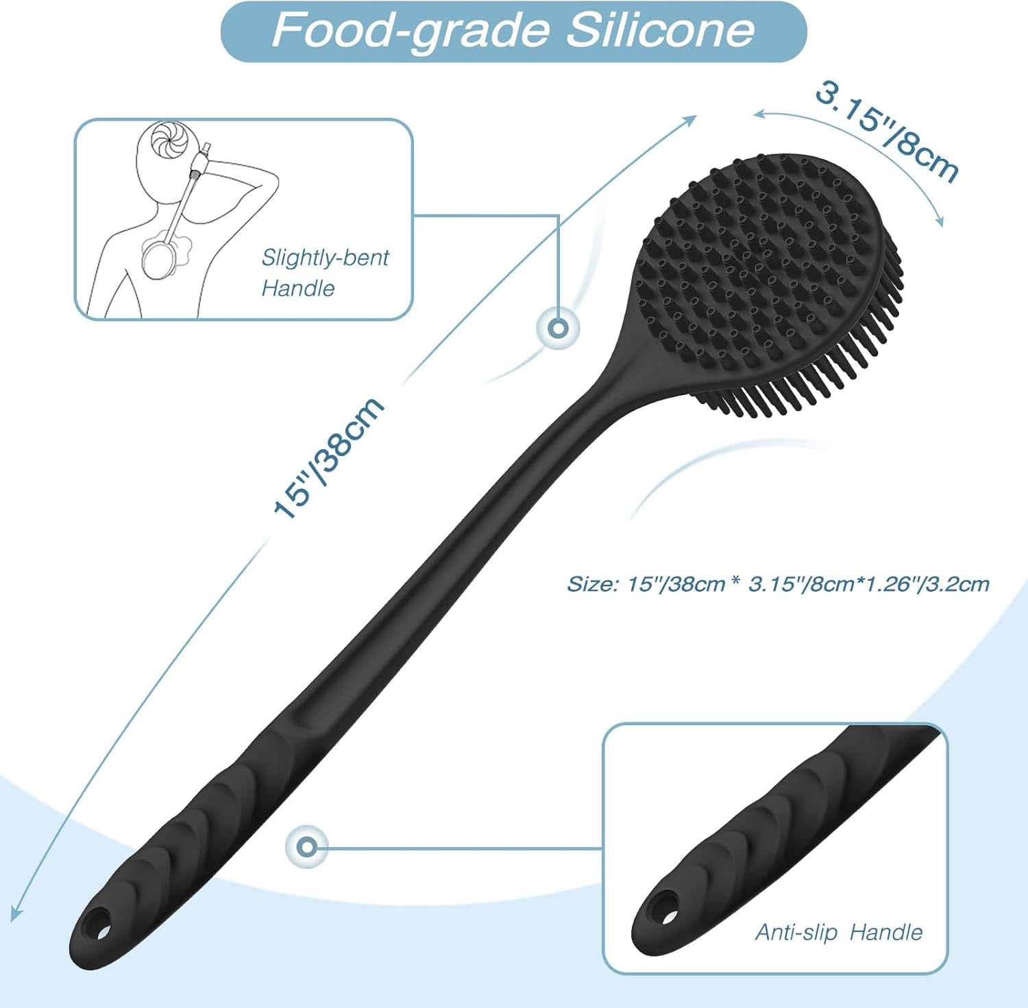 3-Piece Silicone Body Care Set: Thick Bristle Back Scrubber, Bath Glove, and Face Brush with Free Hook (Black)