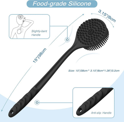 3-Piece Silicone Body Care Set: Thick Bristle Back Scrubber, Bath Glove, and Face Brush with Free Hook (Black)