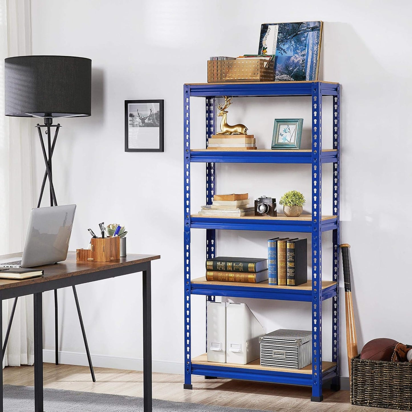 5-Tier Industrial Storage Rack, Heavy Duty Garage Shelving Units, Blue, 70 X 30 X 150 Cm