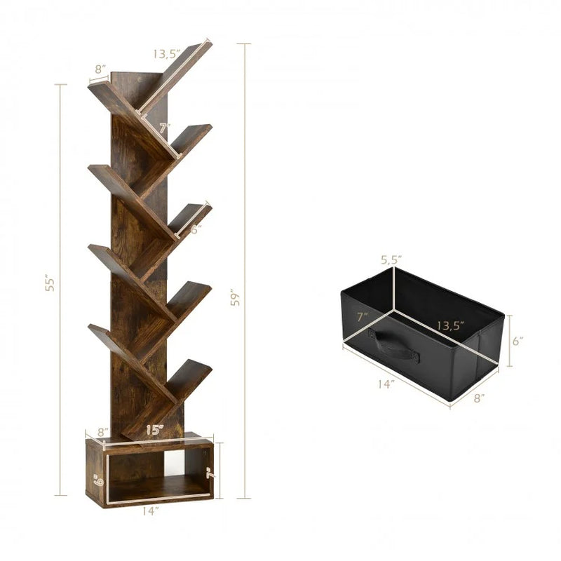 10-Tier Tree Bookshelf with Drawer Free-Standing Storage Bookcase