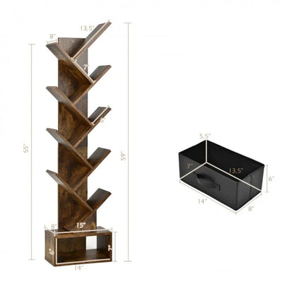 10-Tier Tree Bookshelf with Drawer Free-Standing Storage Bookcase