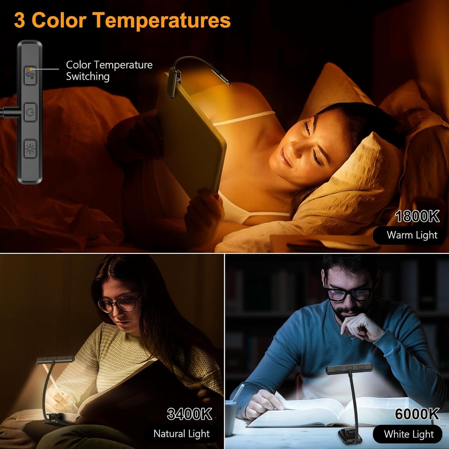 19 LED Rechargeable Book Light for Reading in Bed with Memory Function- Eye Caring 3 Color Temperatures,Stepless Dimming Brightness,80 Hrs Runtime Lightweight Clip on Light for Book Lovers