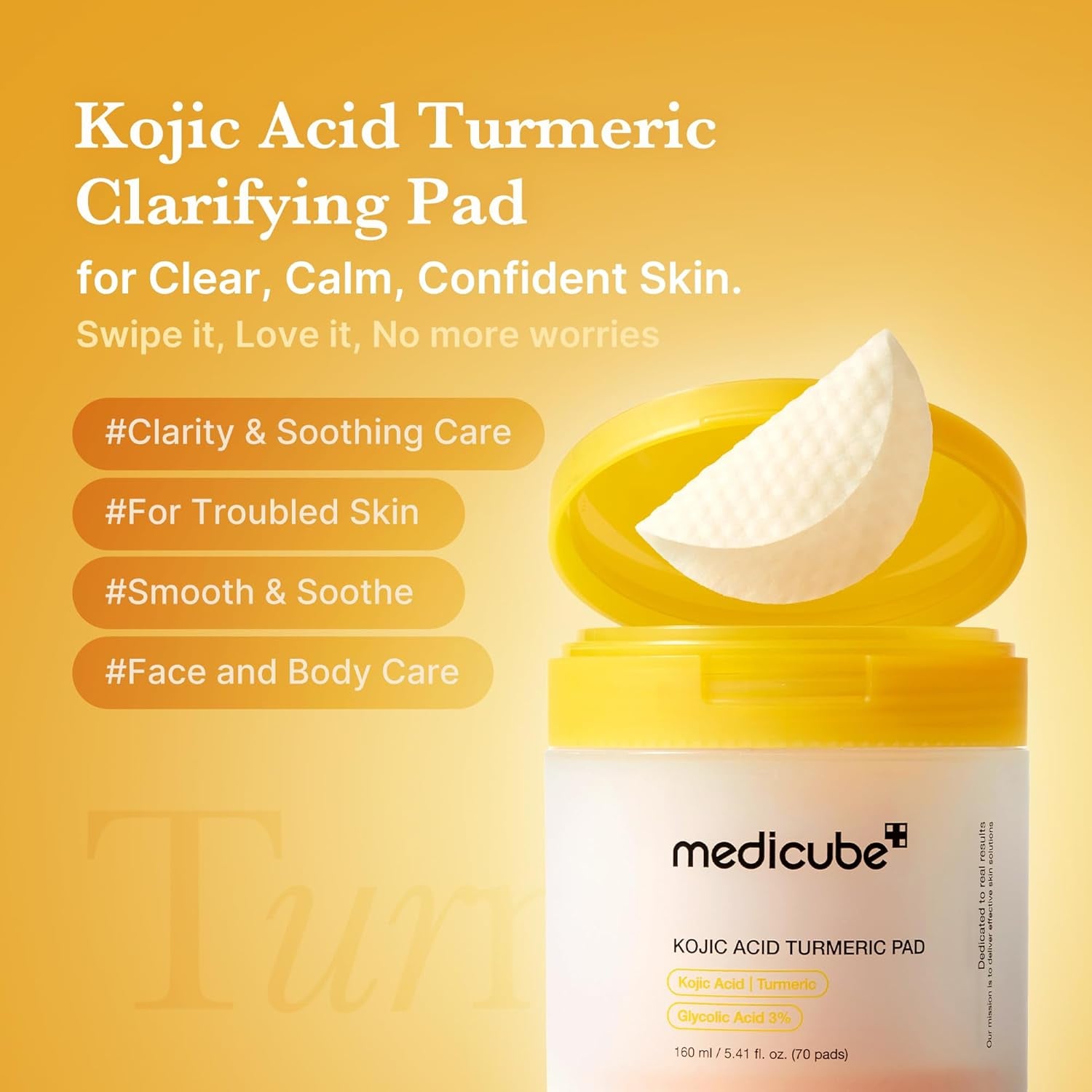 Toner Pads Kojic Acid Turmeric Clarifying Toner Pad for Troubled Skin & Use after Spot Care, Soothing with Kojic Acid, Turmeric, Niacinamide, Glycolic Acid, Korean Skin Care, 70 Pads (1 Pack)