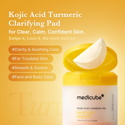 Toner Pads Kojic Acid Turmeric Clarifying Toner Pad for Troubled Skin & Use after Spot Care, Soothing with Kojic Acid, Turmeric, Niacinamide, Glycolic Acid, Korean Skin Care, 70 Pads (1 Pack)