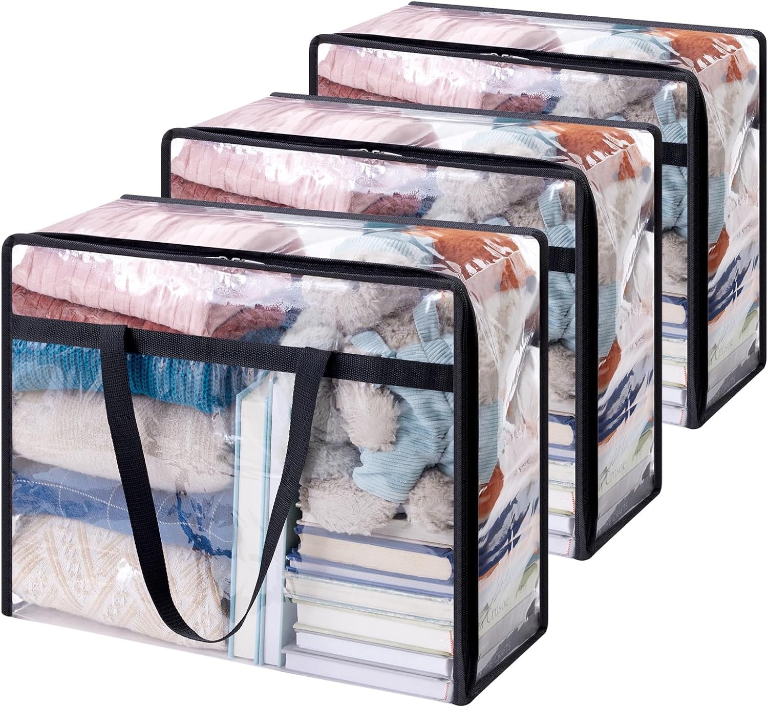 3 Pack Clear Clothes Storage Bags, 40L Plastic Blanket Storage Bags, Vinyl Foldable Moving Bags with Zipper, Closet Organizers and Storage Containers for Bedding, Duvet, Comforter