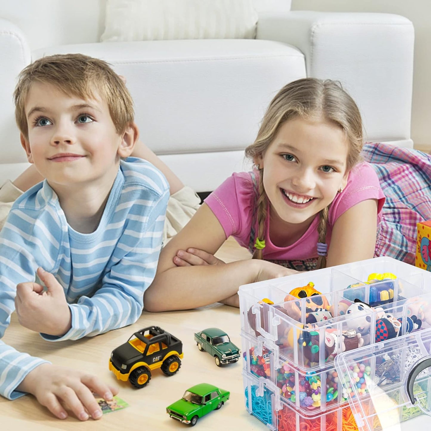 7 Layers Stackable Storage Container, 70 Adjustable Compartments Pink Stackable Storage Container, Suitable for Toys, Art Crafts, Jewelry, Supplies, Mini Case Letter Sticker Included