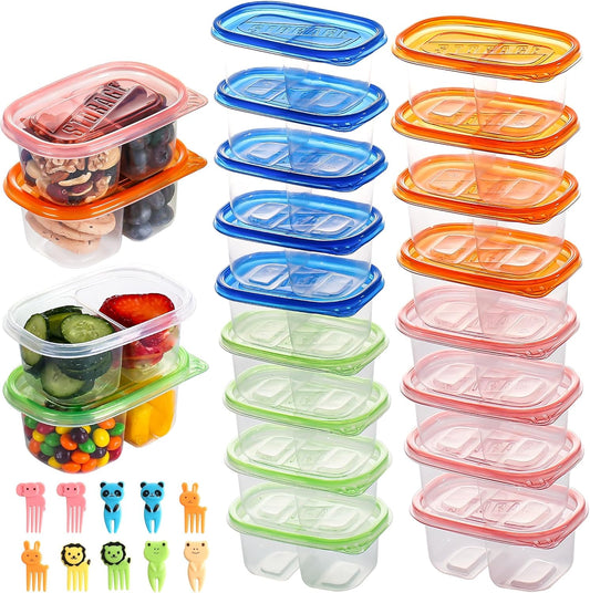 20Pcs Reusable Snack Containers with Lids,Double Compartment Snack Containers for Kids Adults, 10 Cute Forks，Bento Box-Lightweight and Stackable, Microwave, Refrigerator, Dishwasher Safe (4 Color)