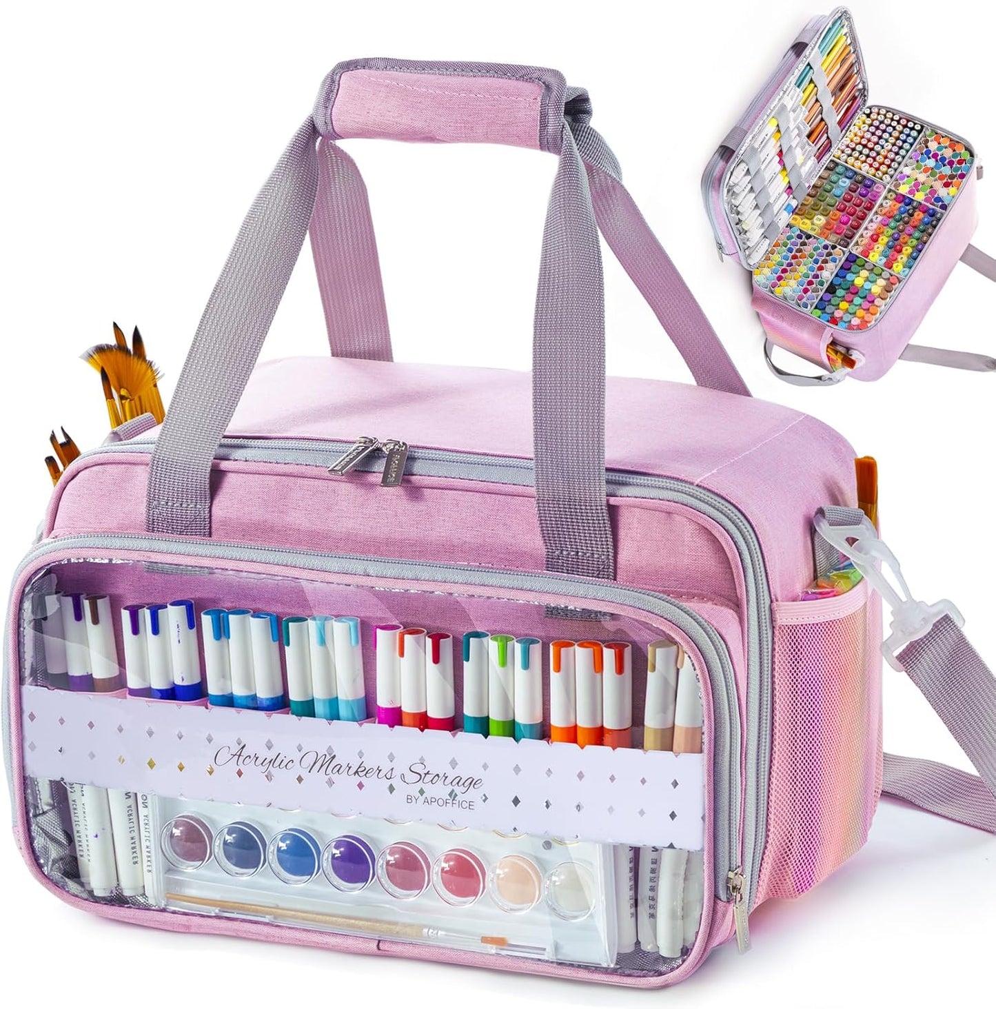 Marker Organizer Case for 180-300 Markers, Acrylic Paint Organizer Bag with Divider & Brush Pockets – Portable Art Supply Storage Bag