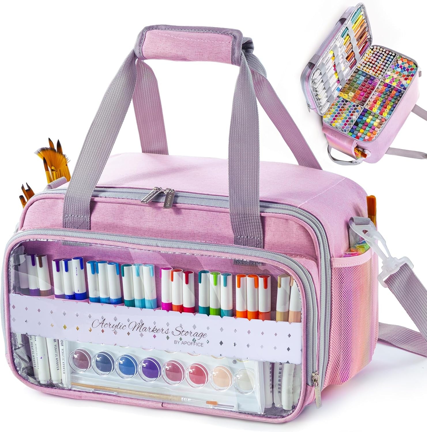 Marker Organizer Case for 180-300 Markers, Acrylic Paint Organizer Bag with Divider & Brush Pockets – Portable Art Supply Storage Bag
