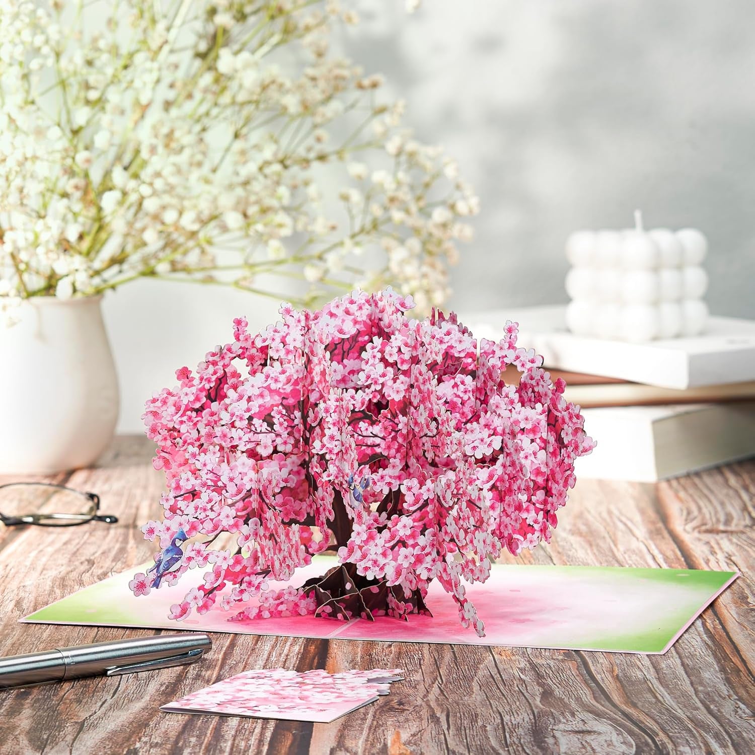 Bonsai Cherry Pop up Cards Blue Bird, 3D Greeting Cards, Gift for Birthday, Mothers Day, Anniversary, Valentines Day, Mom, Wife, Her, Girlfriend, 5X7 - Includes Envelope and Message Note