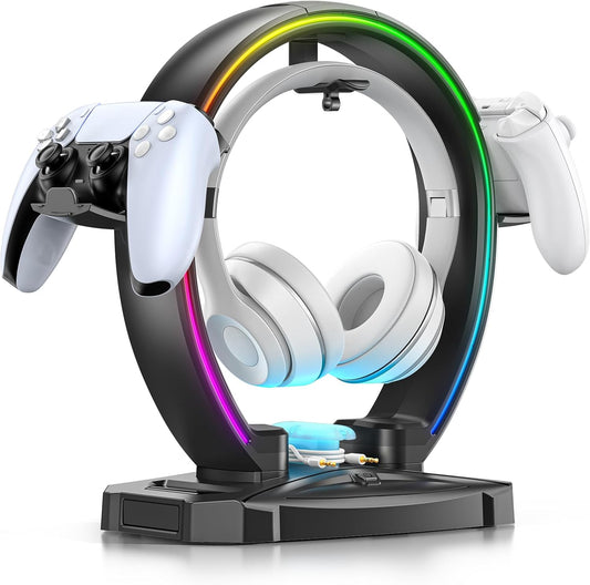 RGB Headphone & Controller Stand with 9 Light Modes - Foldable Controller Hanger for Desk - Earphone Stand with Cable Organizer - for Gamers Desktop Accessories