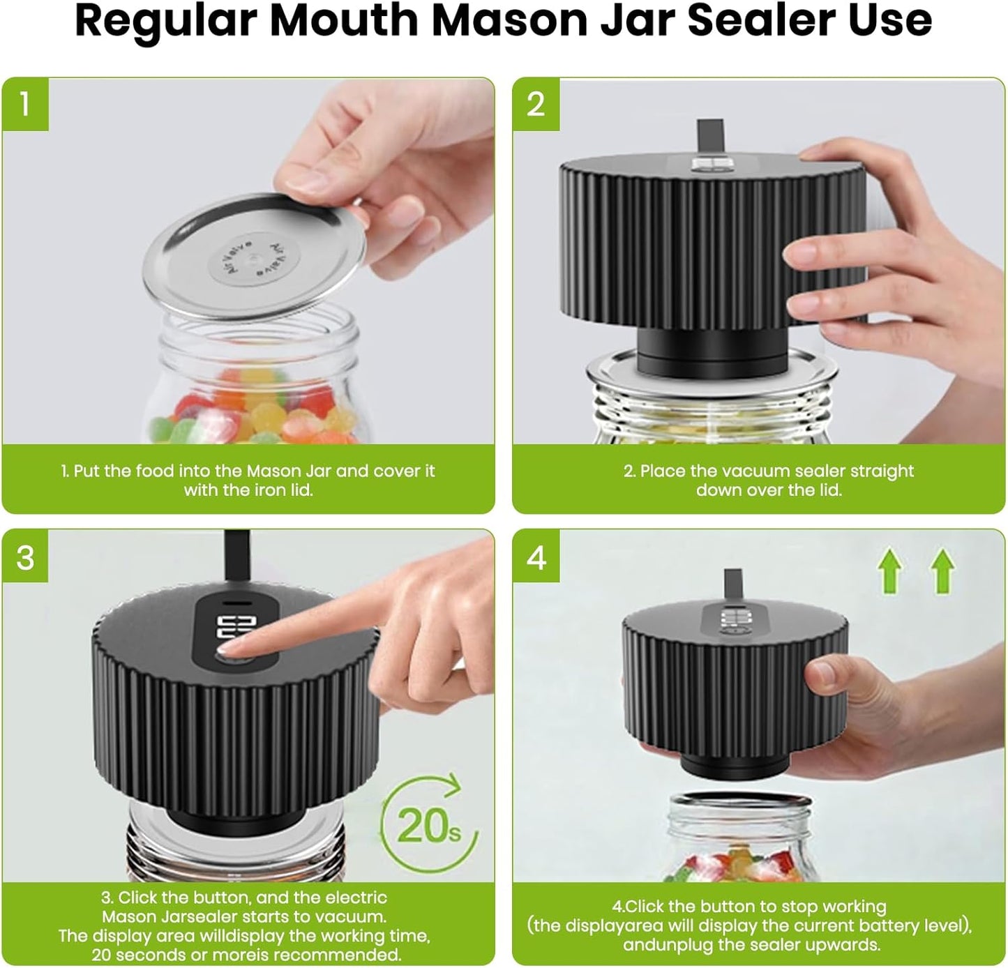 2025 Upgrade 3-In-1 Electric Mason Jar Vacuum Sealer Kit，One-Touch Electric Sealing， for Wide-Mouth Regular-Mouth Mason Jars, Portable Vacuum Sealer for Jars, Gifts for Mom, Grandma (Black)