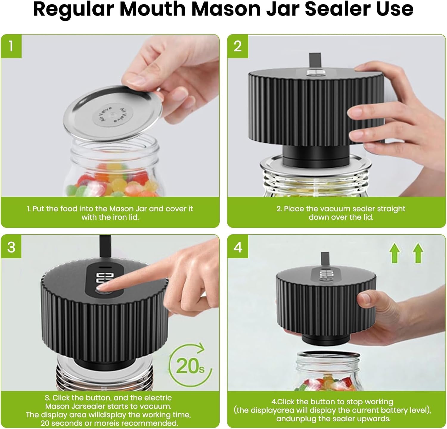 2025 Upgrade 3-In-1 Electric Mason Jar Vacuum Sealer Kit，One-Touch Electric Sealing， for Wide-Mouth Regular-Mouth Mason Jars, Portable Vacuum Sealer for Jars, Gifts for Mom, Grandma (Black)