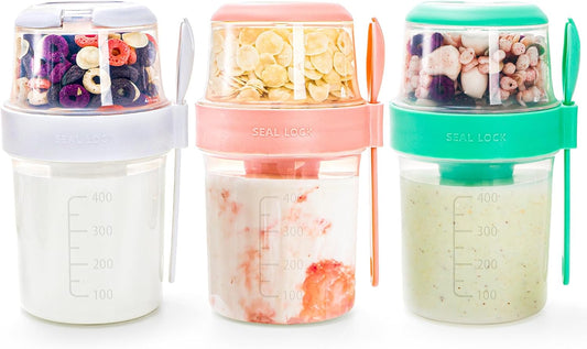 3 Pack 18 Oz Overnight Oats Containers to Go, Large Yogurt Parfait Cups with Lid, Spork (Spoon-Fork Hybrid) & Topping Compartment, Reusable Leak-Proof Adult Meal Prep Containers