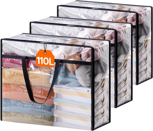 110L Large Clear Clothes Storage Bags, 3 Pack Plastic Vinyl Foldable Moving Bags with Zipper, Closet Organizers and Storage Containers for Blanket, Bedding, Duvet, Pillow, Comforter