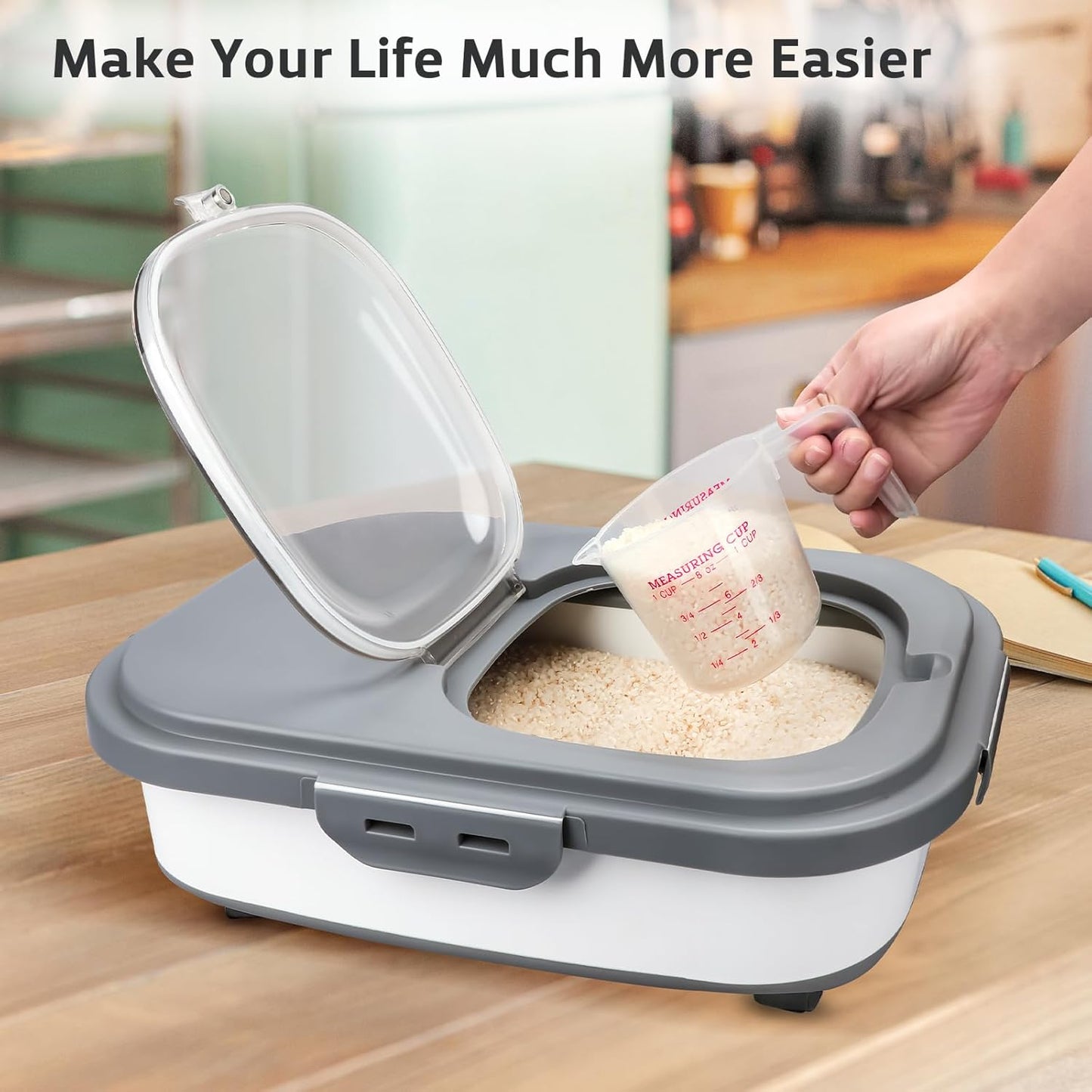 Rice Storage Containers, Collapsible 10 to 30Lbs Food Storage Bin Dispenser with Rolling Wheel and Clear Airtight Lid, BPA Free Flour, Sugar, Cereal and Dog Cat Pet Food Containers