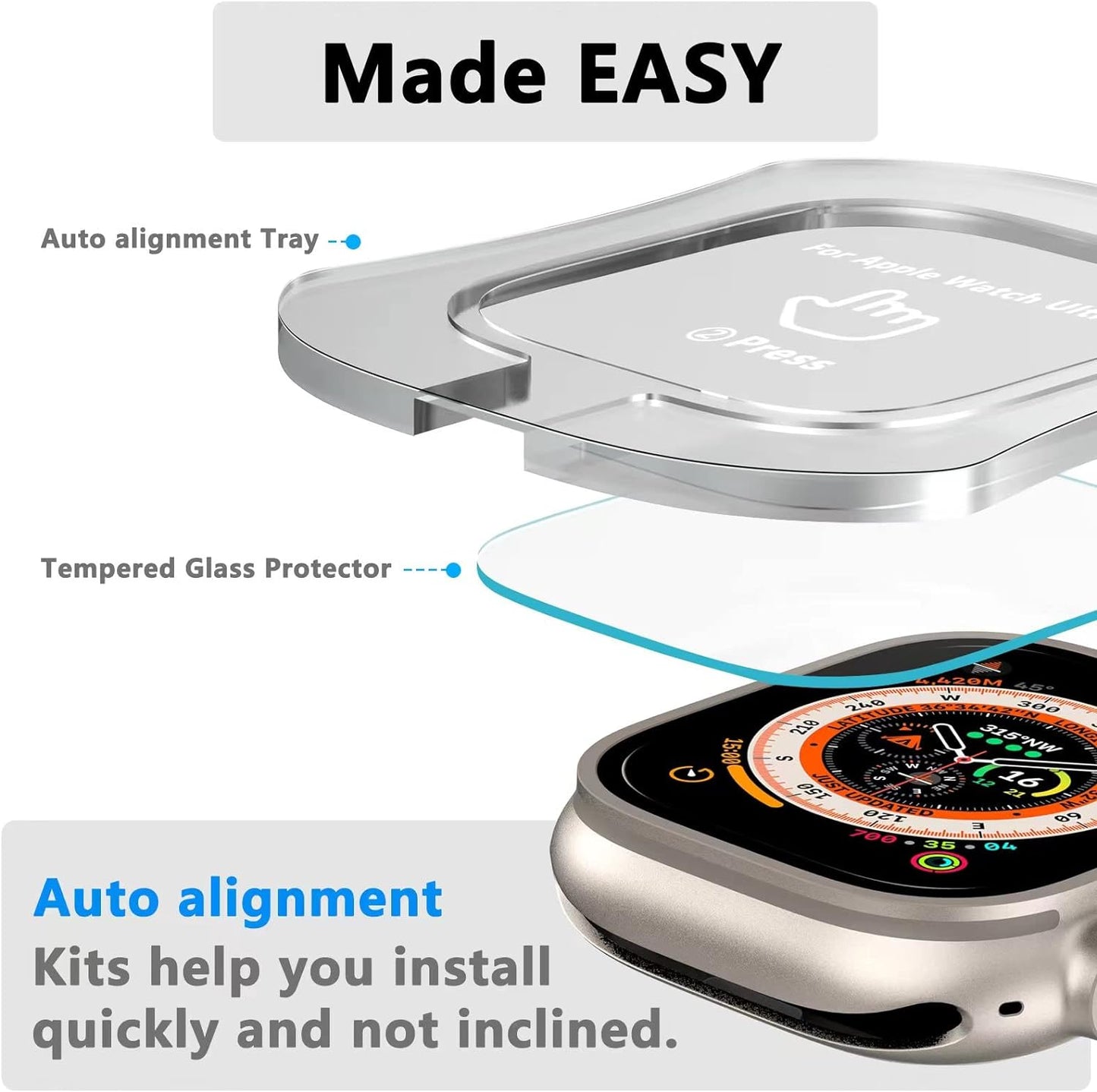 2 Pack Tempered Glass Screen Protector with Auto-Alignment Installation Frame Compatible with Apple Watch Ultra 3/Ultra 2 /Ultra Screen Protector 49Mm, Waterproof HD Film for Iwatch Ultra Clear