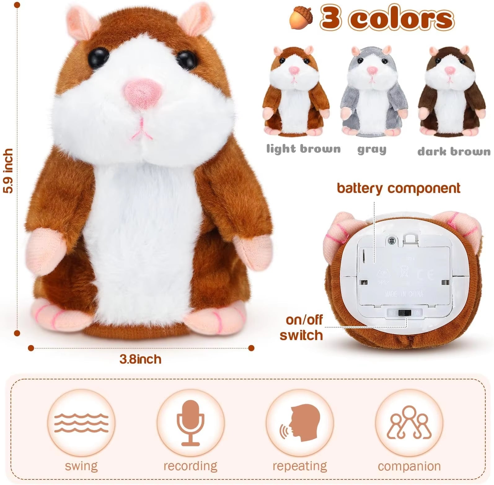 Cute Electric Talking Hamster Plush Toy-Interactive Plush Animals Imitate Your Voice and Nod to Soothe Accompany Kids Gift