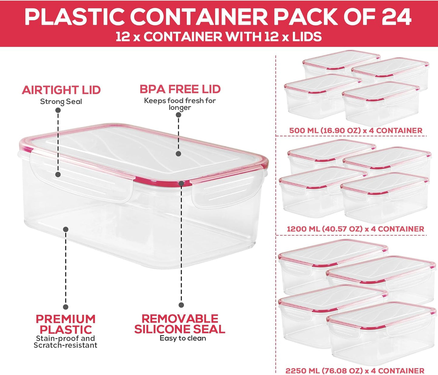 24 Pack Plastic Food Storage Container Set - Transparent Bpa-Free Airtight Containers with Leak-Proof Lids for Meal Prep, Freezer, and Lunch Storage - Durable and Reusable (Red)