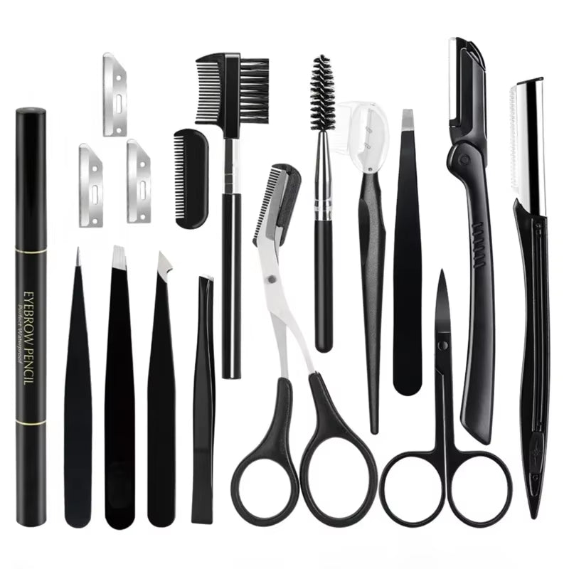 Eyebrow Grooming Kit: 17-Piece Set with Trimmer, Razor, Comb, Scissors, and Tweezers