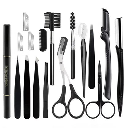 Eyebrow Grooming Kit: 17-Piece Set with Trimmer, Razor, Comb, Scissors, and Tweezers