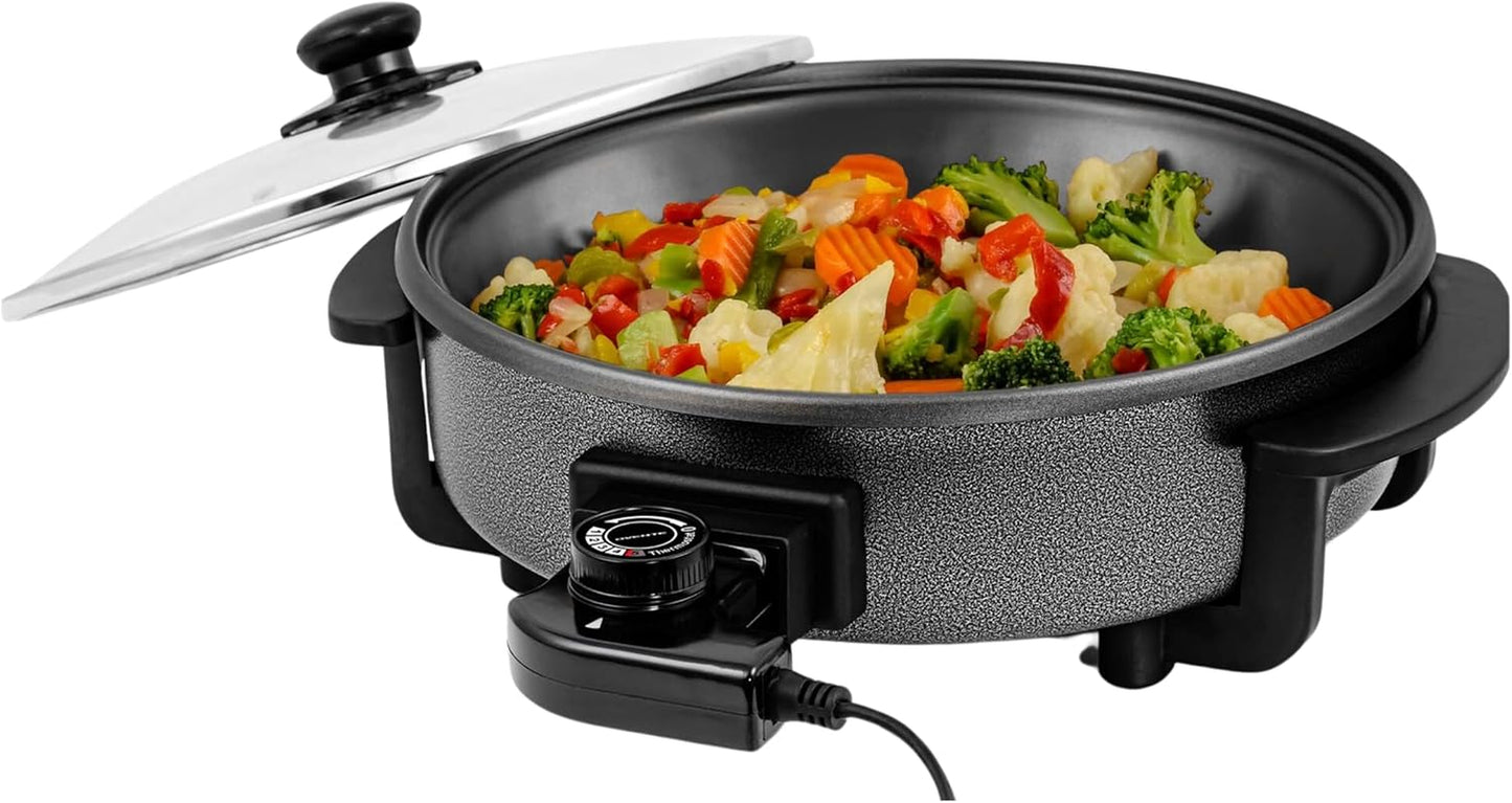 12 Inch Electric Skillet and Frying Pan with Nonstick Coating, 1400W Power, Adjustable Temperature Control, Tempered Glass Lid with Vent and Cool Touch Handles, Black SK11112B