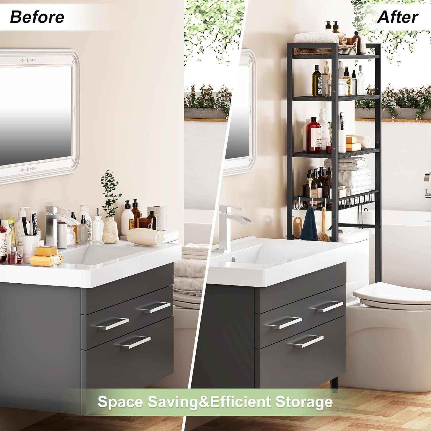 Over-The-Toilet Storage Rack, 4-Tier Bathroom Organizer Shelf over Toilet with Adjustable Shelf and Basket, Freestanding Space Saver Bathroom Shelves above Toilet for Room(Pure Black)