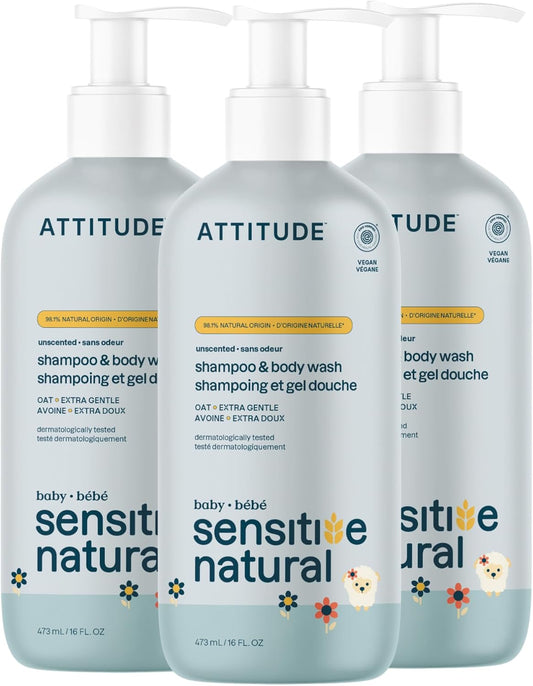 2-In-1 Shampoo and Body Wash for Baby, EWG Verified, Plant- and Mineral-Based Ingredients, Vegan Products for Sensitive Skin, Unscented, 473 Ml (Pack of 3)