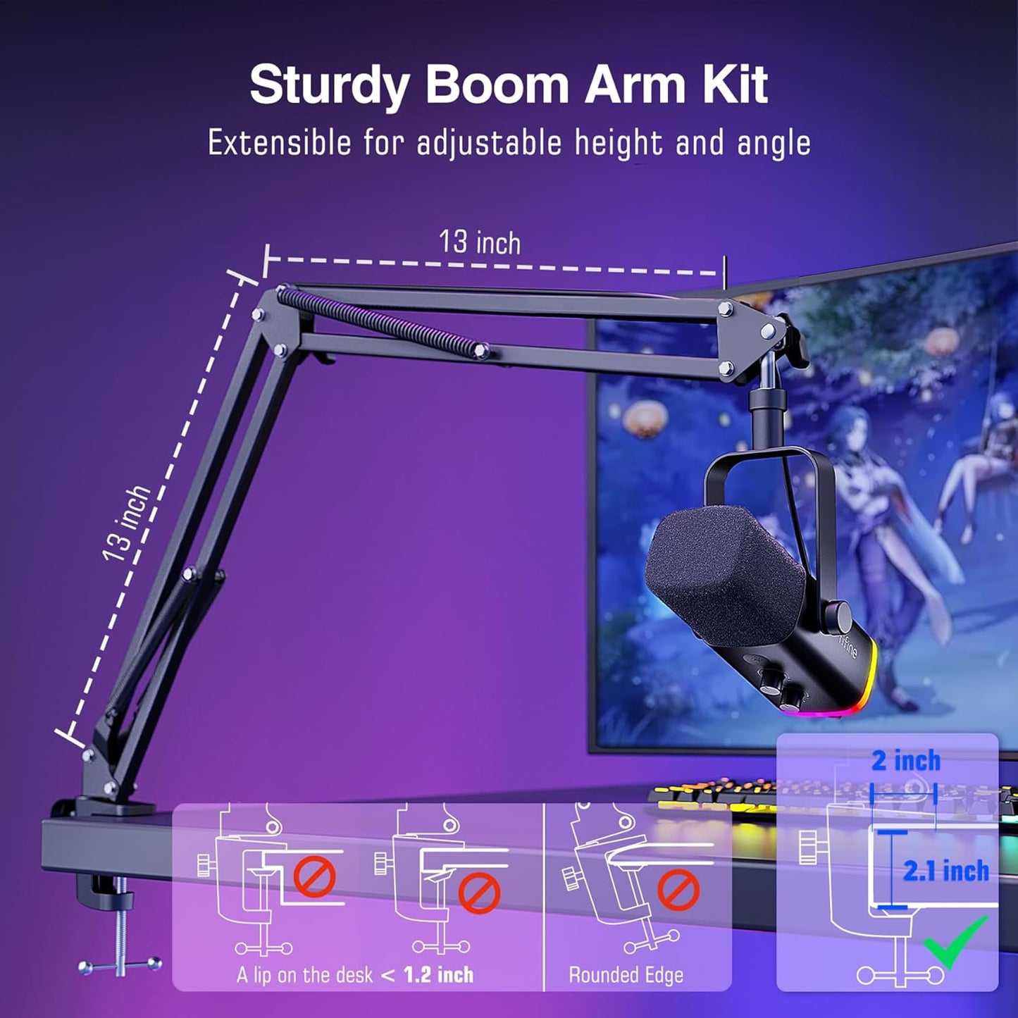 XLR/USB Gaming Microphone Set, Dynamic PC Mic for Streaming Podcasting, Computer RGB Mic Kit with Boom Arm Stand, Mute Button, Headphones Jack, for Recording Vocal Voice-Over-Ampligame AM8T