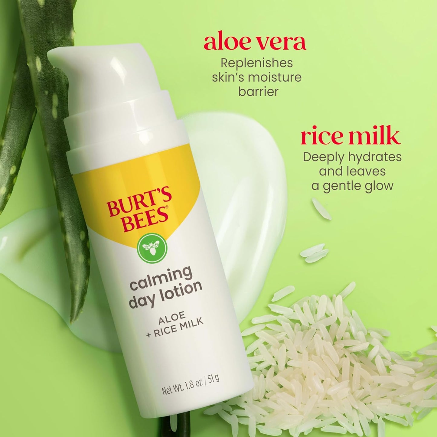 Calming Day Face Lotion with Aloe and Rice Milk, Soothing Face Lotion for Sensitive Skin, 98.9 Percent Natural Origin Skin Care, 1.8 Oz. Bottle
