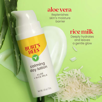 Calming Day Face Lotion with Aloe and Rice Milk, Soothing Face Lotion for Sensitive Skin, 98.9 Percent Natural Origin Skin Care, 1.8 Oz. Bottle