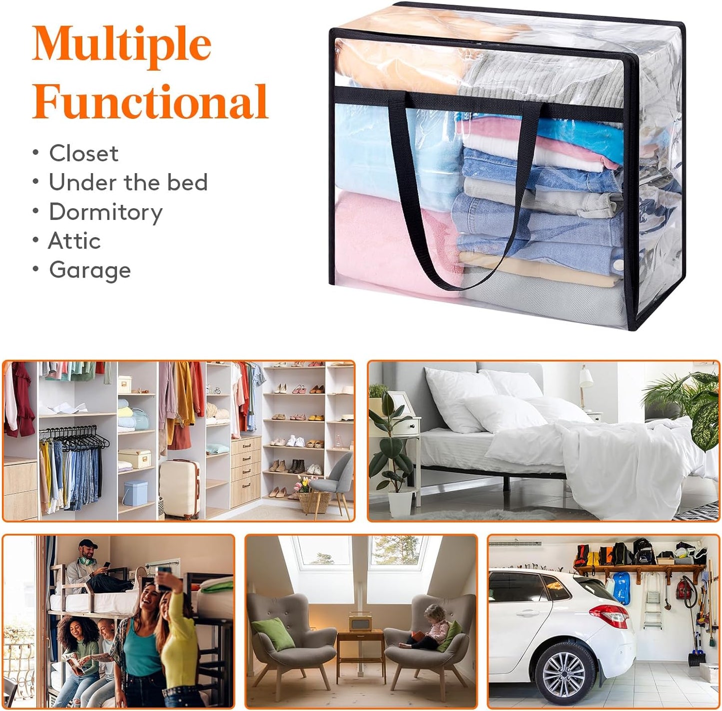 6 Pack Clear Clothes Storage Bags, 60L Plastic Blanket Storage Bags, Vinyl Foldable Moving Bags with Zipper, Closet Organizers and Storage Containers for Bedding, Duvet, Comforter