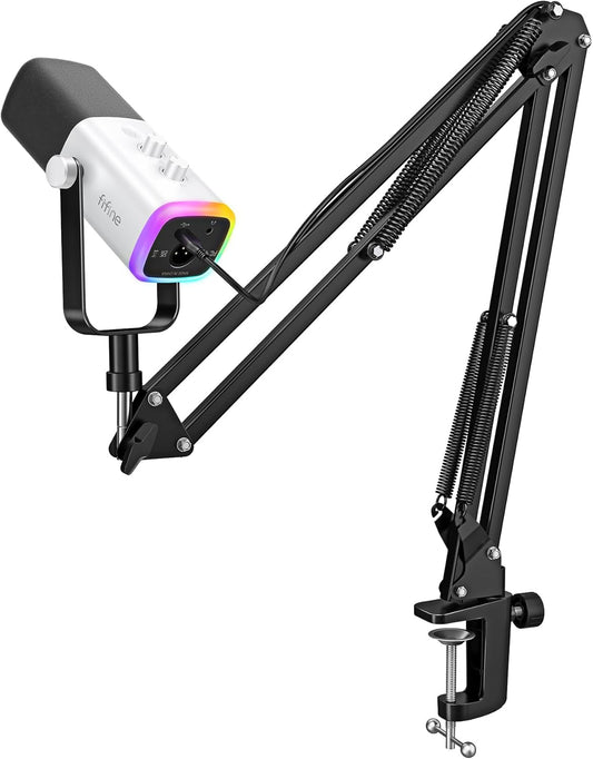 Gaming XLR/USB Microphone Kit, Streaming Dynamic Mic Set for PC, Computer Mic for Vocal Podcast Recording Voiceover, with Headphones Jack, Gain Knob, Arm Stand-Ampligame AM8T White