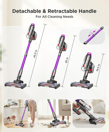 Cordless Stick Vacuum Cleaner: 550W Powerful Suction, LED Display, 55 Min Runtime, Anti-Tangle Brush, Rechargeable Battery, Lightweight for Home, Pet Hair, Hard Floors, Carpet