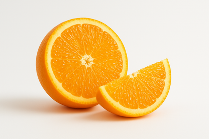 CREATE A PICTURE OF A SLICED ORANGE WITH A WHITE BACK GROUND KEEP IT SIMPLE NOTHING FANCY 
