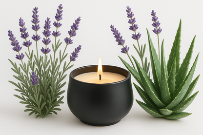 create an infused picture of purple lavender and aloe vera surrounding a black pot with a candle with a white background