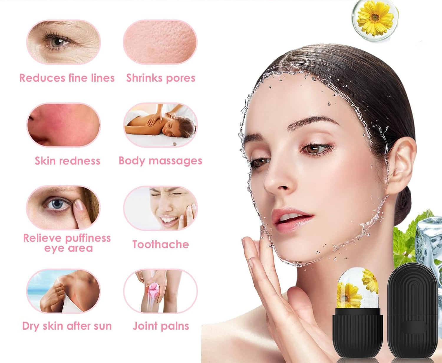 Silicone Ice Facial Roller - Contouring Tool for Eyes and Neck with Soft Cleaning Brush, Firming Massage Brush (Yellow)