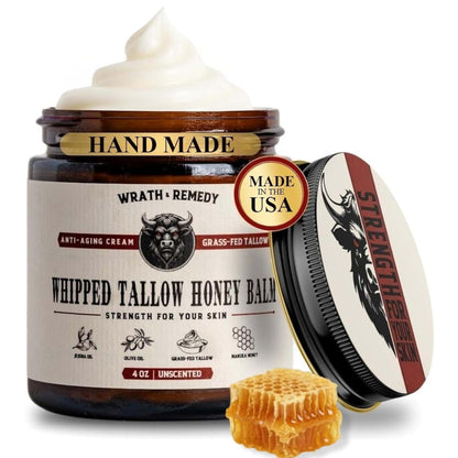 Organic Beef Tallow for Skin - 4 OZ (Unscented) — Grass Fed Beef Tallow for Face + Body — Us-Made Whipped Tallow and Honey Balm Moisturizer for Dry and Sensitive Skin, Eczema, Rosacea (No Additives)