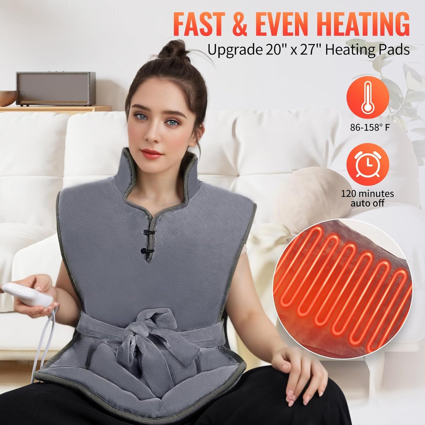 Electric Heating Pads for Back, Neck, Shoulders and Abdomen- 20"X27" , 10 Heating Levels, 2 Hours Auto Shut Off,  Gray