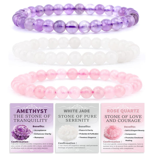 3-Piece 6Mm Natural Crystal Gemstone Stretch Bracelets – ﻿Amethyst, Pink Quartz, White Jade Handmade Reiki Energy Healing Jewelry for Meditation,Yoga, Unisex