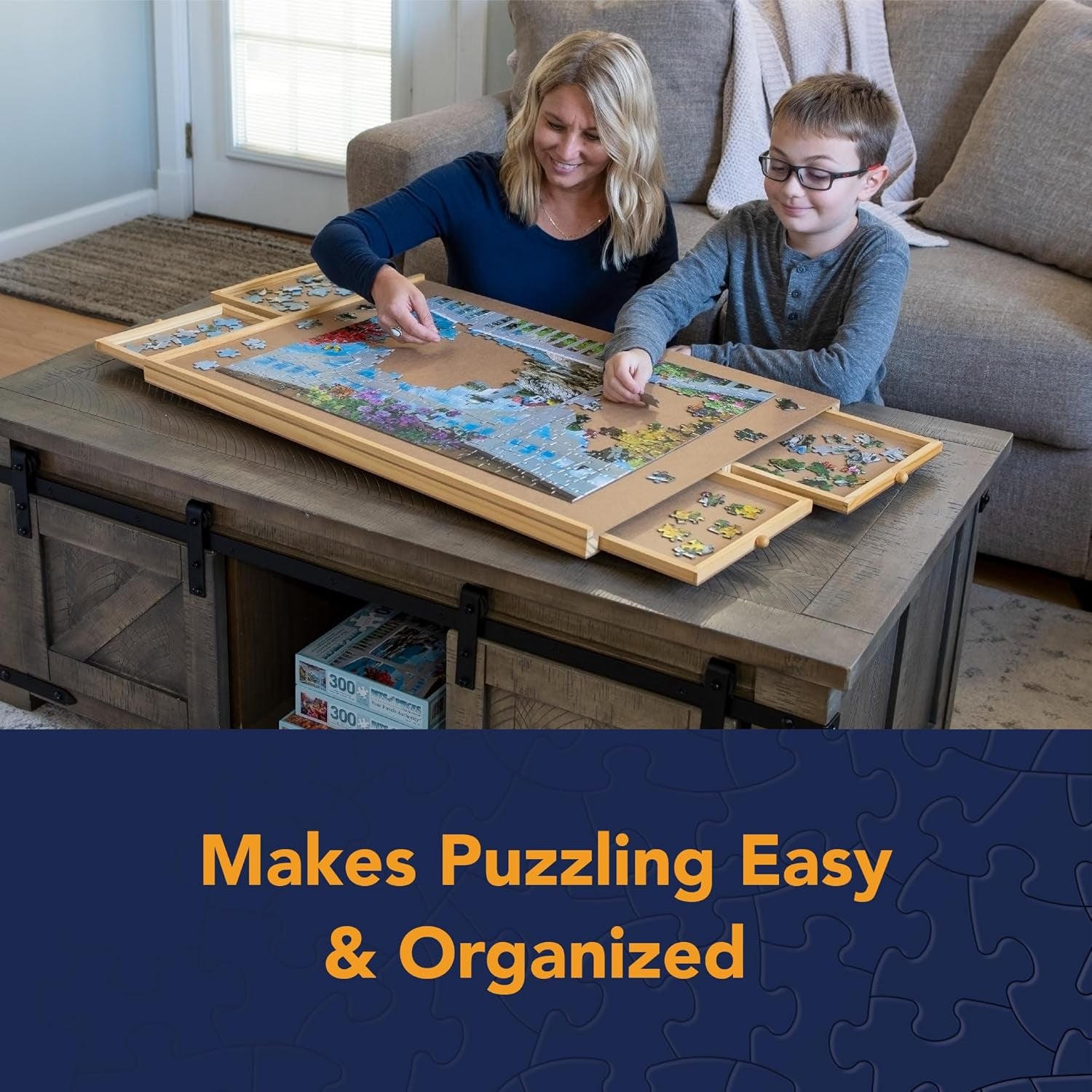 - 1500 Piece Puzzle Board with Drawers - Jumbo Wooden Puzzle Plateau – Portable Puzzle Table 26"X 34" - Tabletop Deluxe Jigsaw Puzzle Organizer and Puzzle Storage System – Gift for Mom
