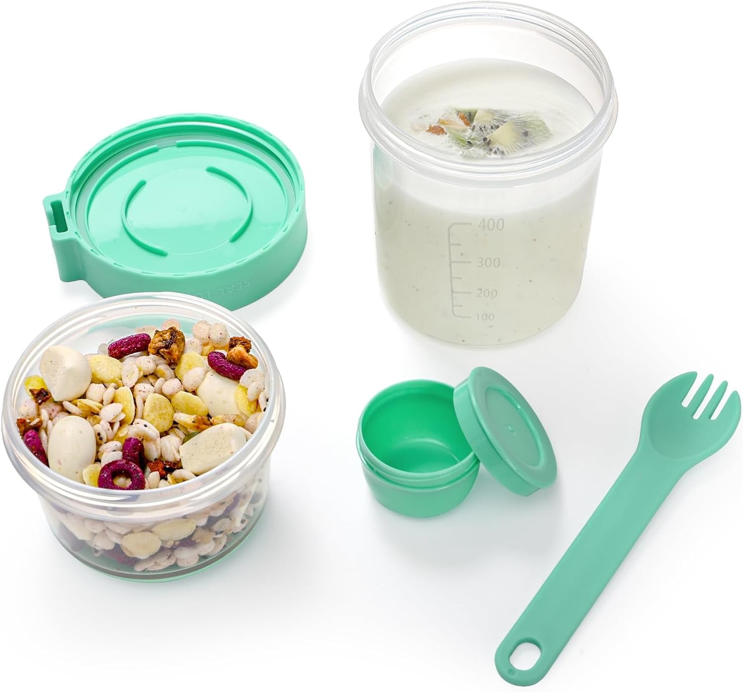 3 Pack 18 Oz Overnight Oats Containers to Go, Large Yogurt Parfait Cups with Lid, Spork (Spoon-Fork Hybrid) & Topping Compartment, Reusable Leak-Proof Adult Meal Prep Containers