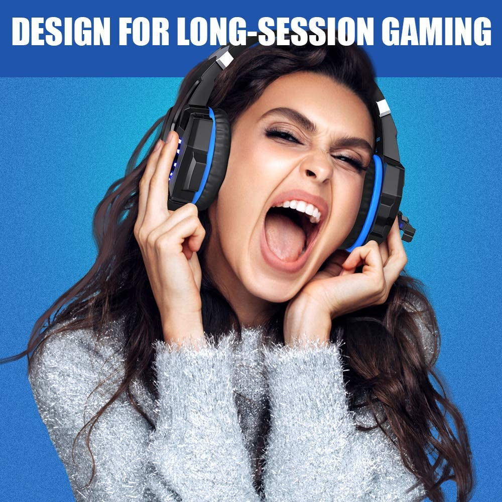 Pro Gaming Headset for PS4 PS5 PC Xbox One Controller, Noise Cancelling over Ear Headphones with Mic, LED Light, Bass Surround, Soft Memory Earmuffs for Laptop Mac - White