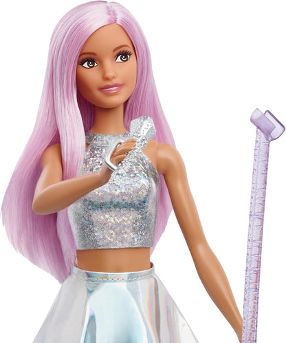 Pop Star Doll Dressed in Iridescent Skirt with Microphone and Pink Hair, Toy for 3 to 7 Year Olds