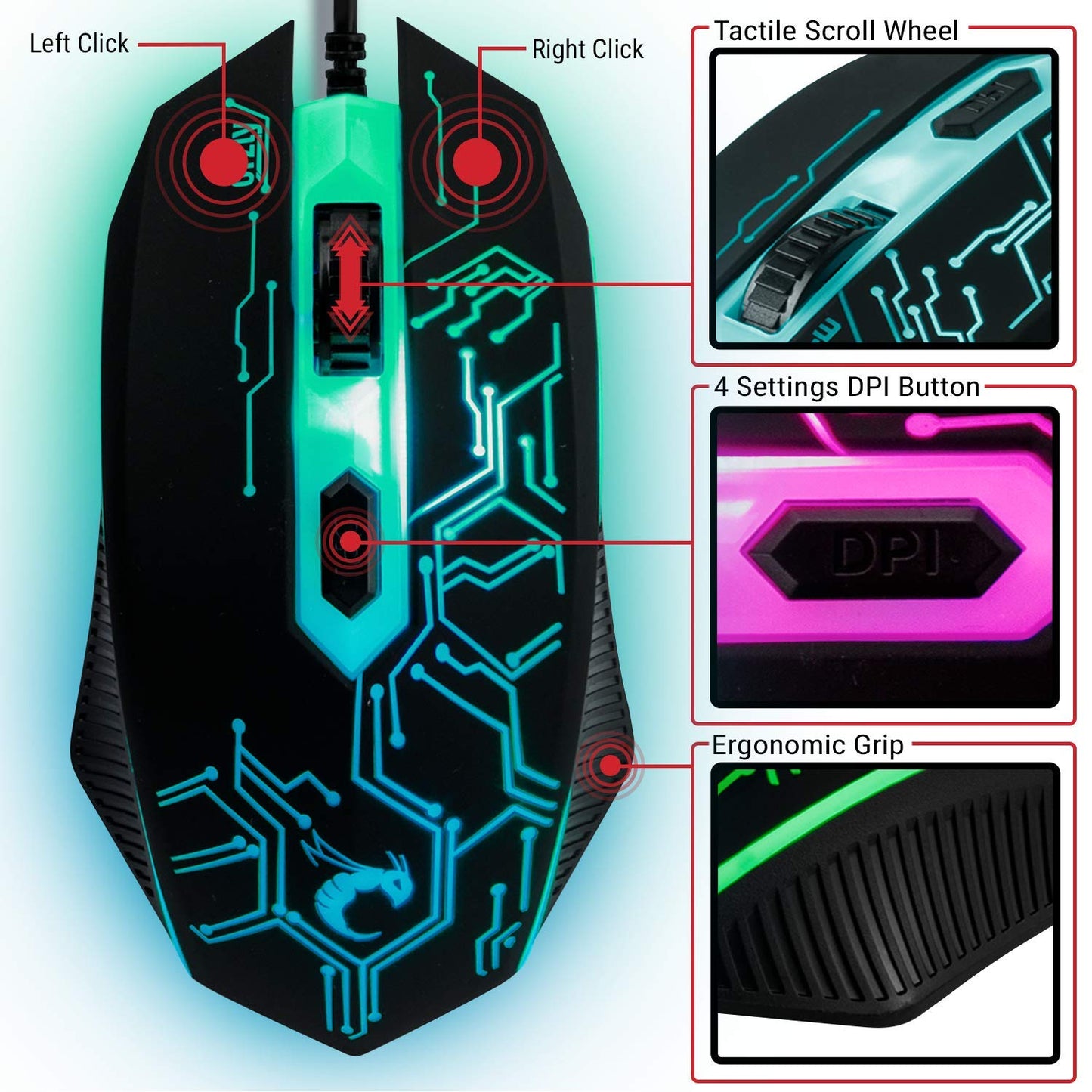 Gaming Keyboard and Mouse and Gaming Headset & Mouse Pad, Wired LED RGB Backlight Bundle for PC Gamers Users - 4 in 1 White Edition Hornet RX-250