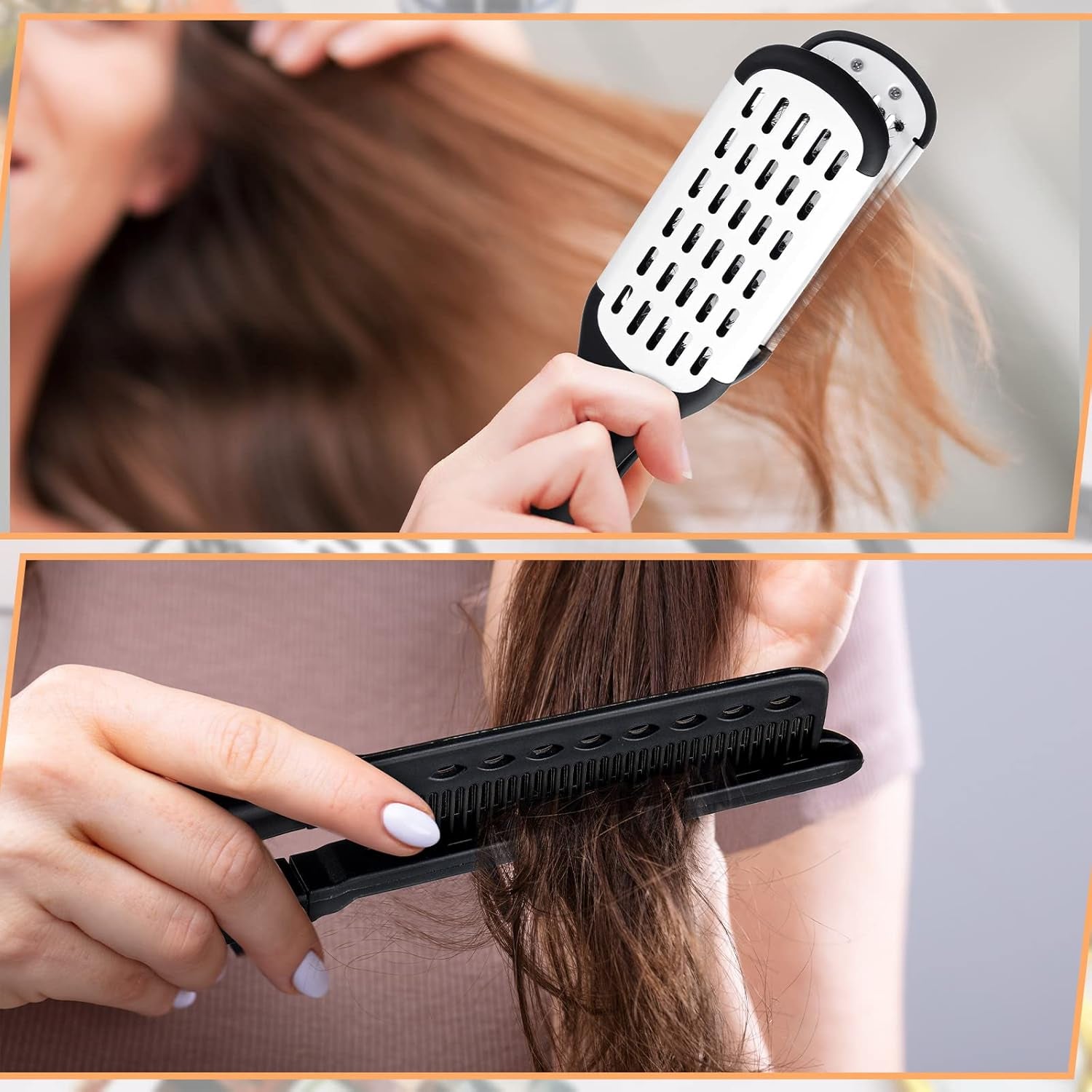 2 Pcs Boar Bristle Brushes - Double Sided Clamp Brush and Flat Iron Comb for Straightening Knotty, Unkempt Hair (Black White, Black)