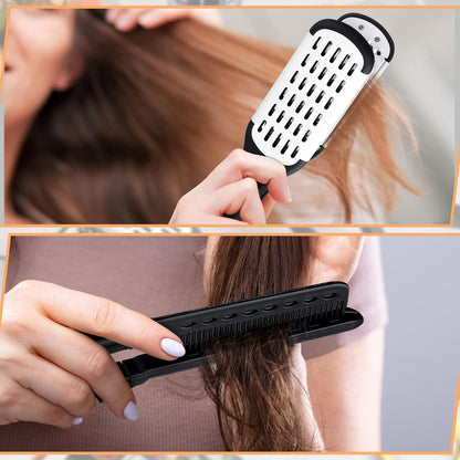 2 Pcs Boar Bristle Brushes - Double Sided Clamp Brush and Flat Iron Comb for Straightening Knotty, Unkempt Hair (Black White, Black)