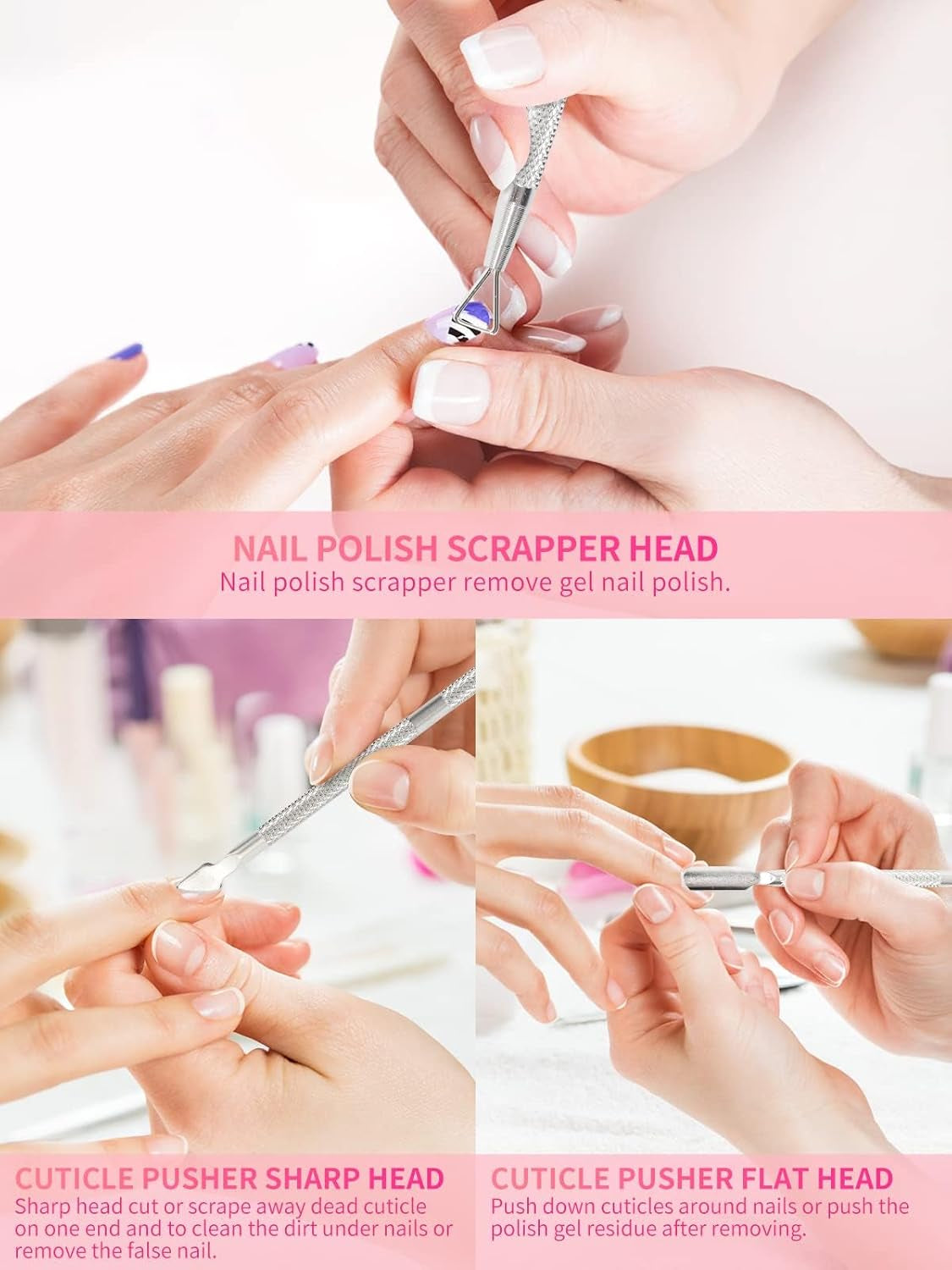 Nail Soaking Bowl Set - Gel Polish and Dip Powder Remover with Triangle Cuticle Peeler and Stainless Steel Cuticle Pusher (Pink)