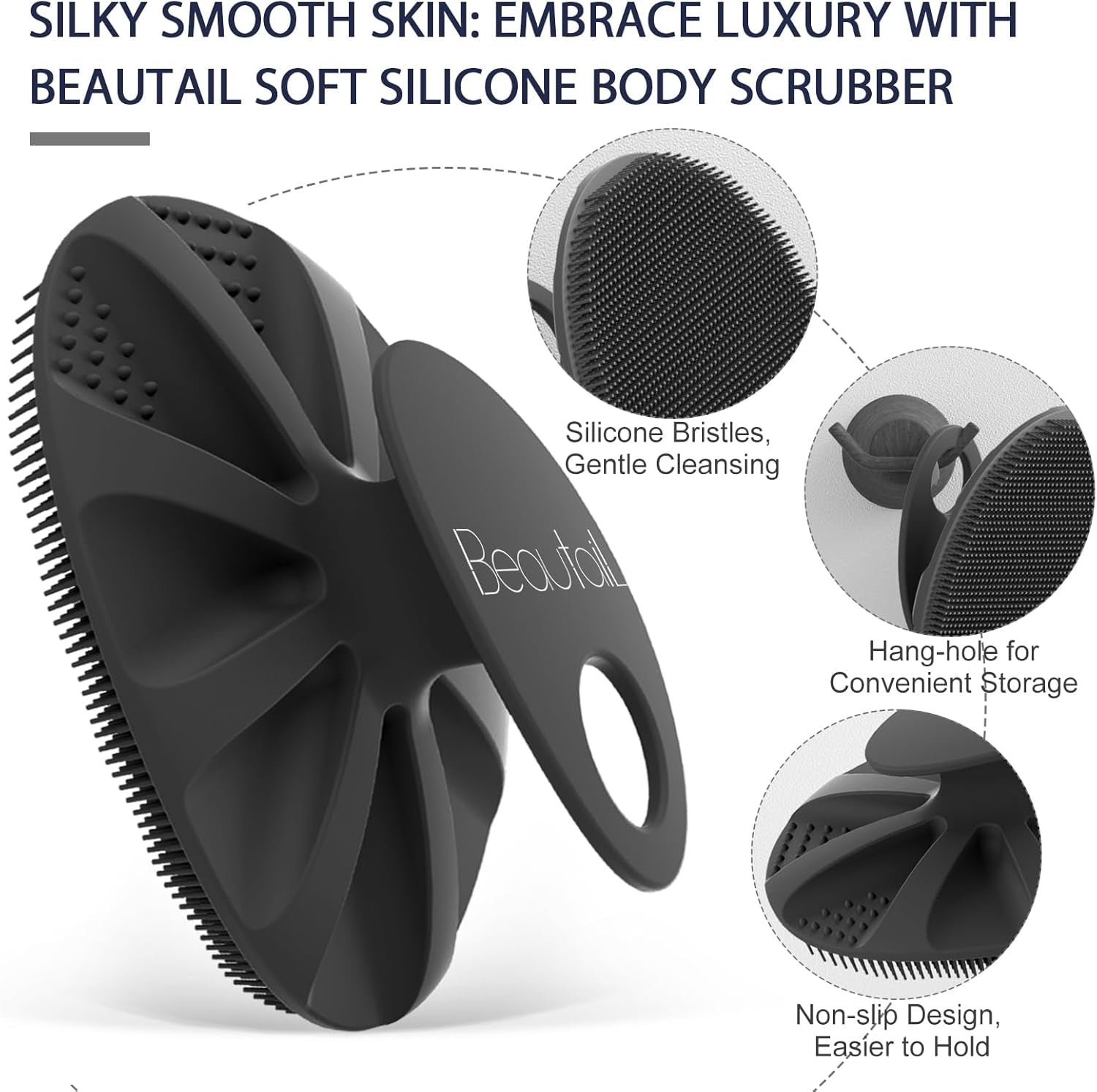 Silicone Body Scrubber Shower Bath Wash Brush Gentle Exfoliating Scrub Cleansing Loofah for Women Men Baby Sensitive Skin, Easy to Clean, Lather Nicely, More Hygienic, 1 Pack, Black